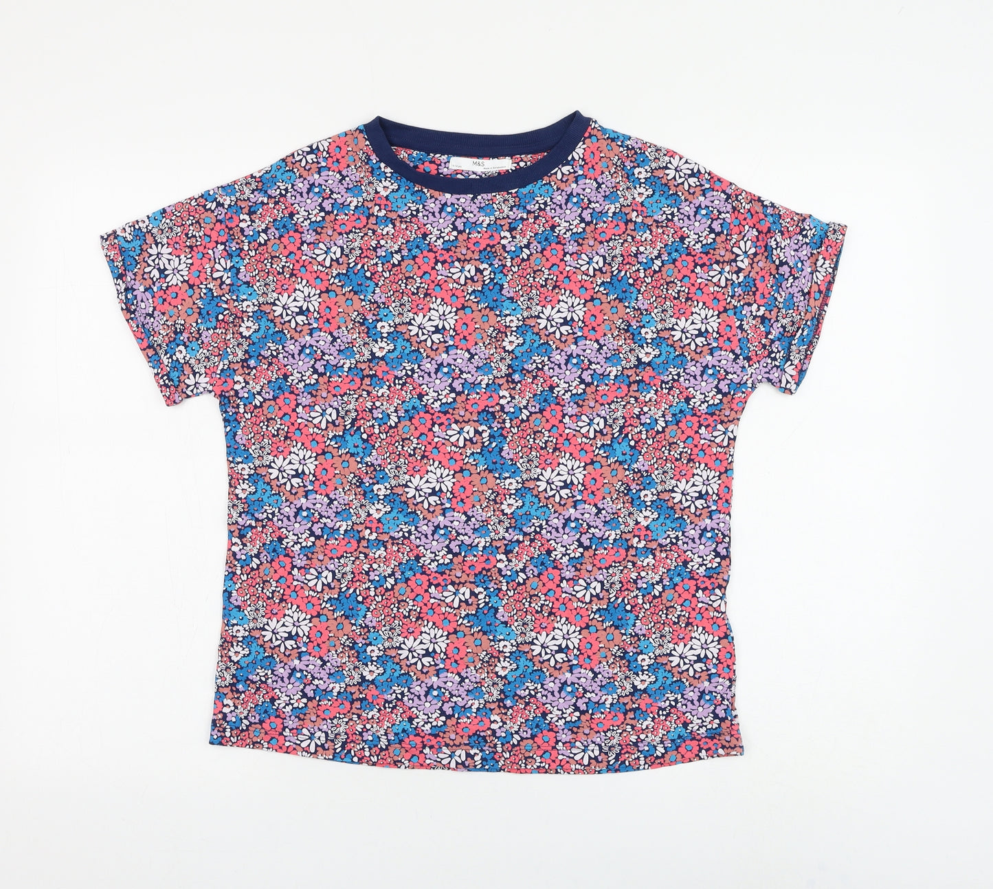 Marks and Spencer Girls Blue Floral Cotton Basic T-Shirt Size 13-14 Years Round Neck Pullover