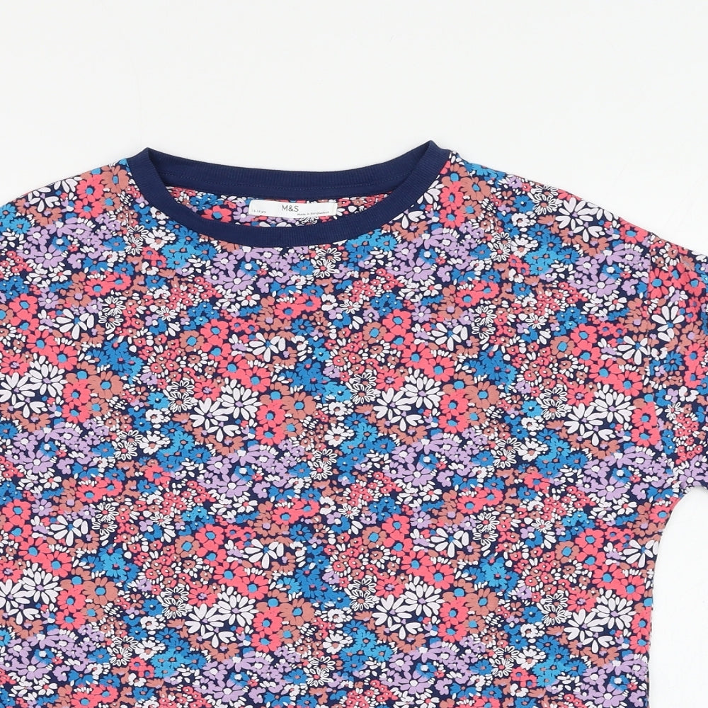 Marks and Spencer Girls Blue Floral Cotton Basic T-Shirt Size 13-14 Years Round Neck Pullover