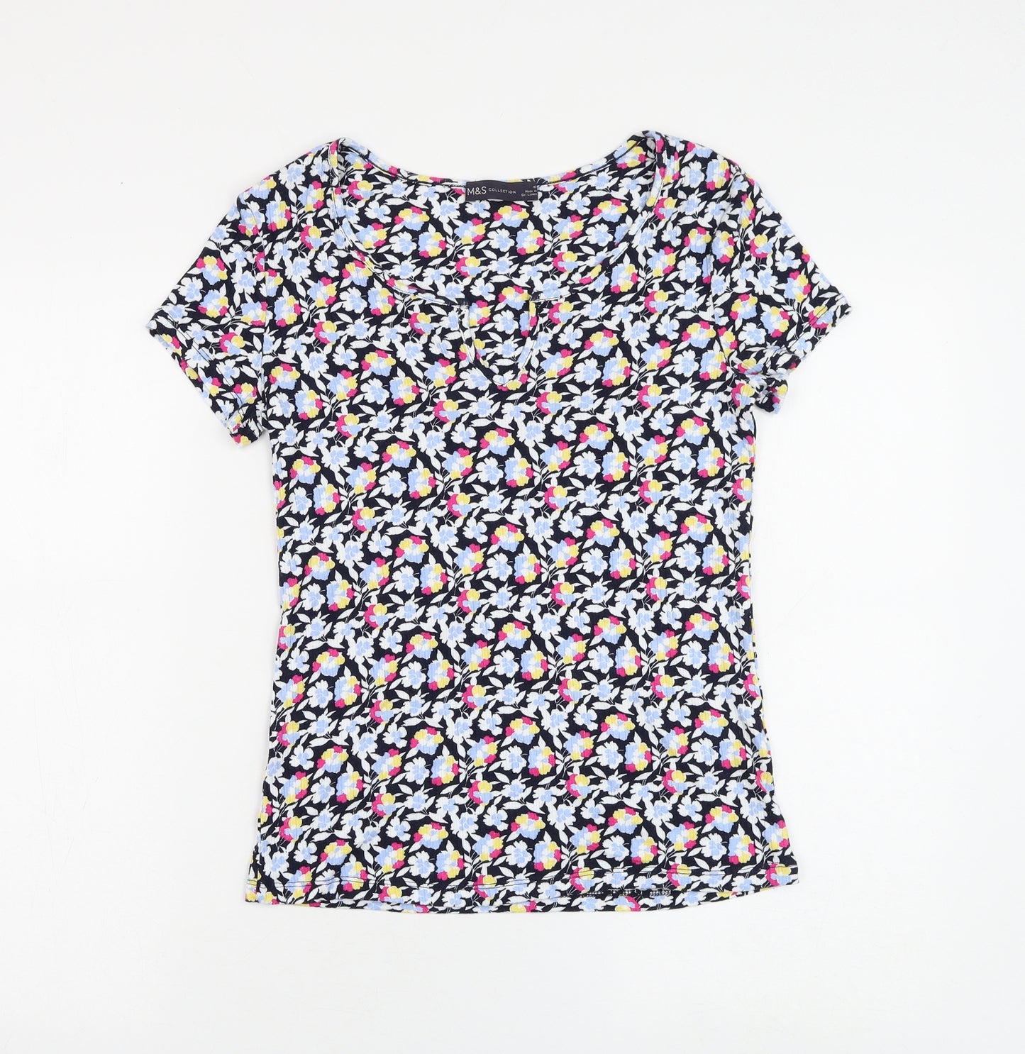 Marks and Spencer Womens Black Floral Viscose Basic T-Shirt Size 10 V-Neck