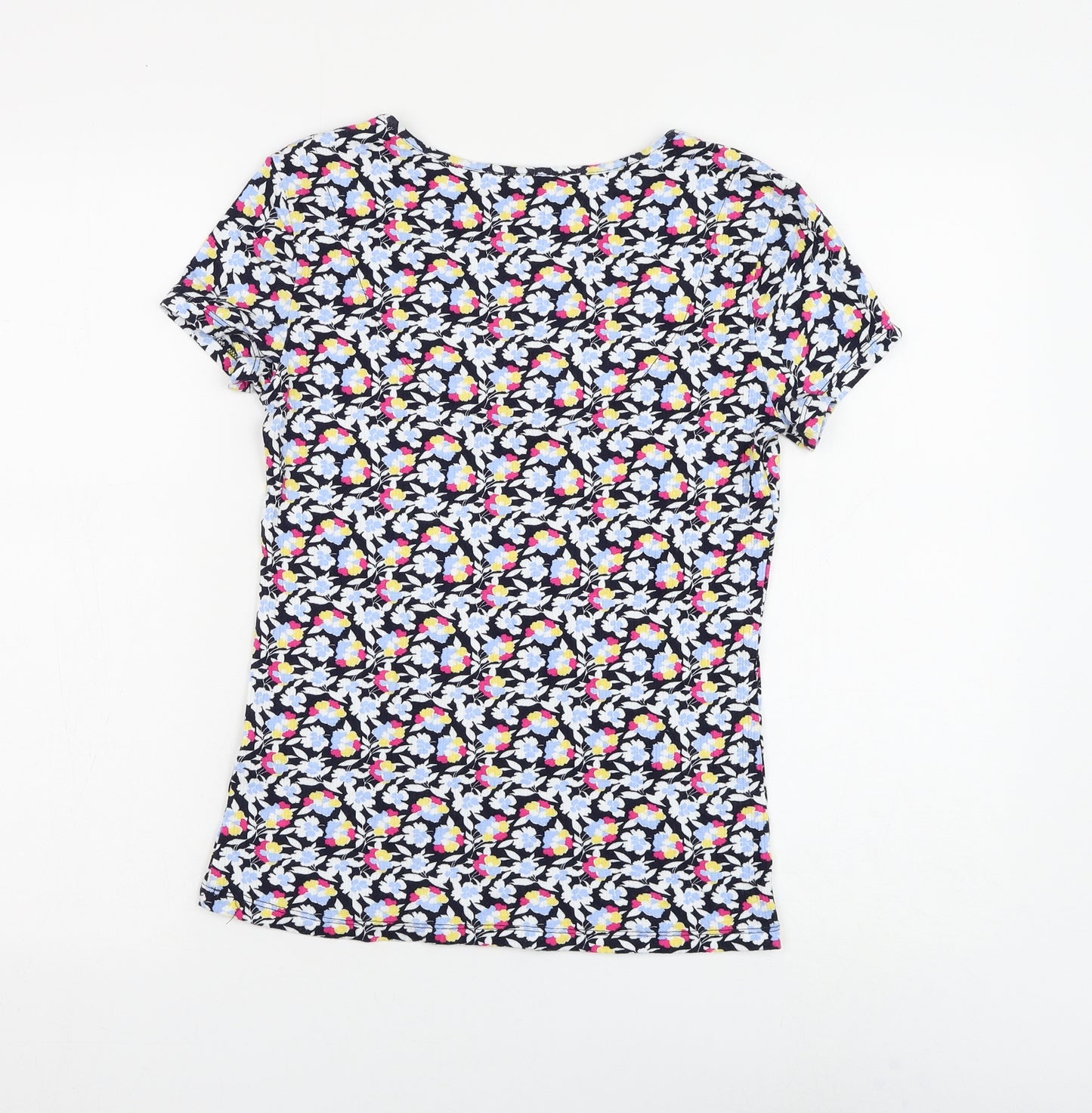 Marks and Spencer Womens Black Floral Viscose Basic T-Shirt Size 10 V-Neck
