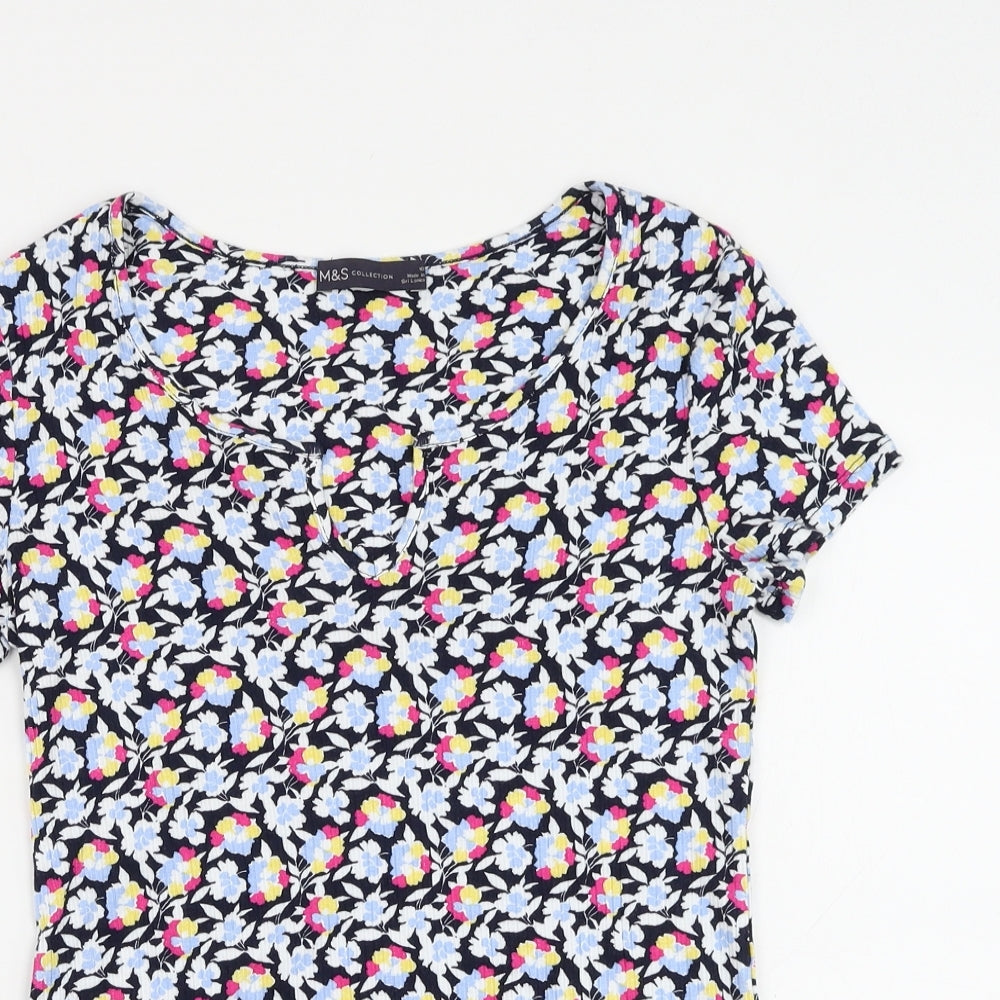 Marks and Spencer Womens Black Floral Viscose Basic T-Shirt Size 10 V-Neck