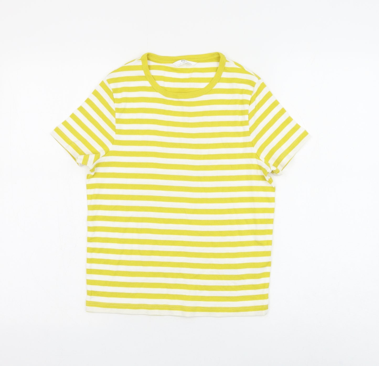Marks and Spencer Girls White Striped Cotton Basic T-Shirt Size 12-13 Years Round Neck Pullover