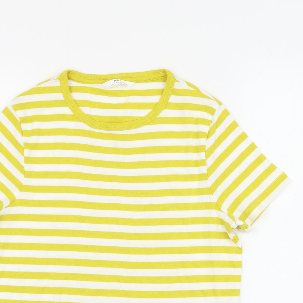 Marks and Spencer Girls White Striped Cotton Basic T-Shirt Size 12-13 Years Round Neck Pullover