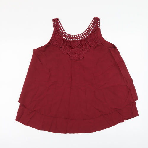 Preworn Womens Red Viscose Basic Tank Size M Round Neck - Lace neckline