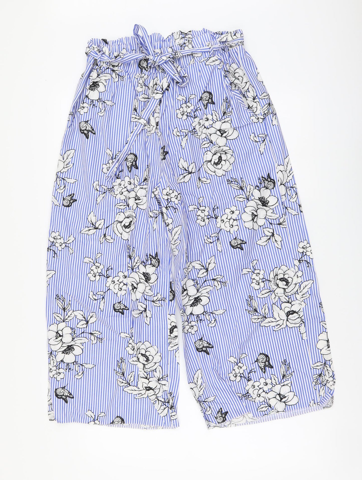 New Look Womens Blue Striped Cotton Cropped Trousers Size 14 L21 in Regular Drawstring
