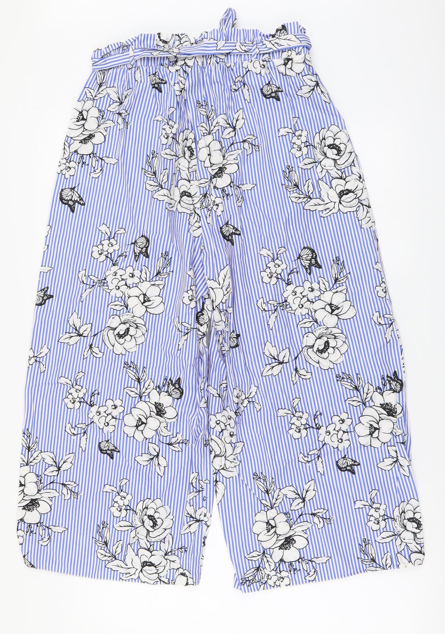 New Look Womens Blue Striped Cotton Cropped Trousers Size 14 L21 in Regular Drawstring