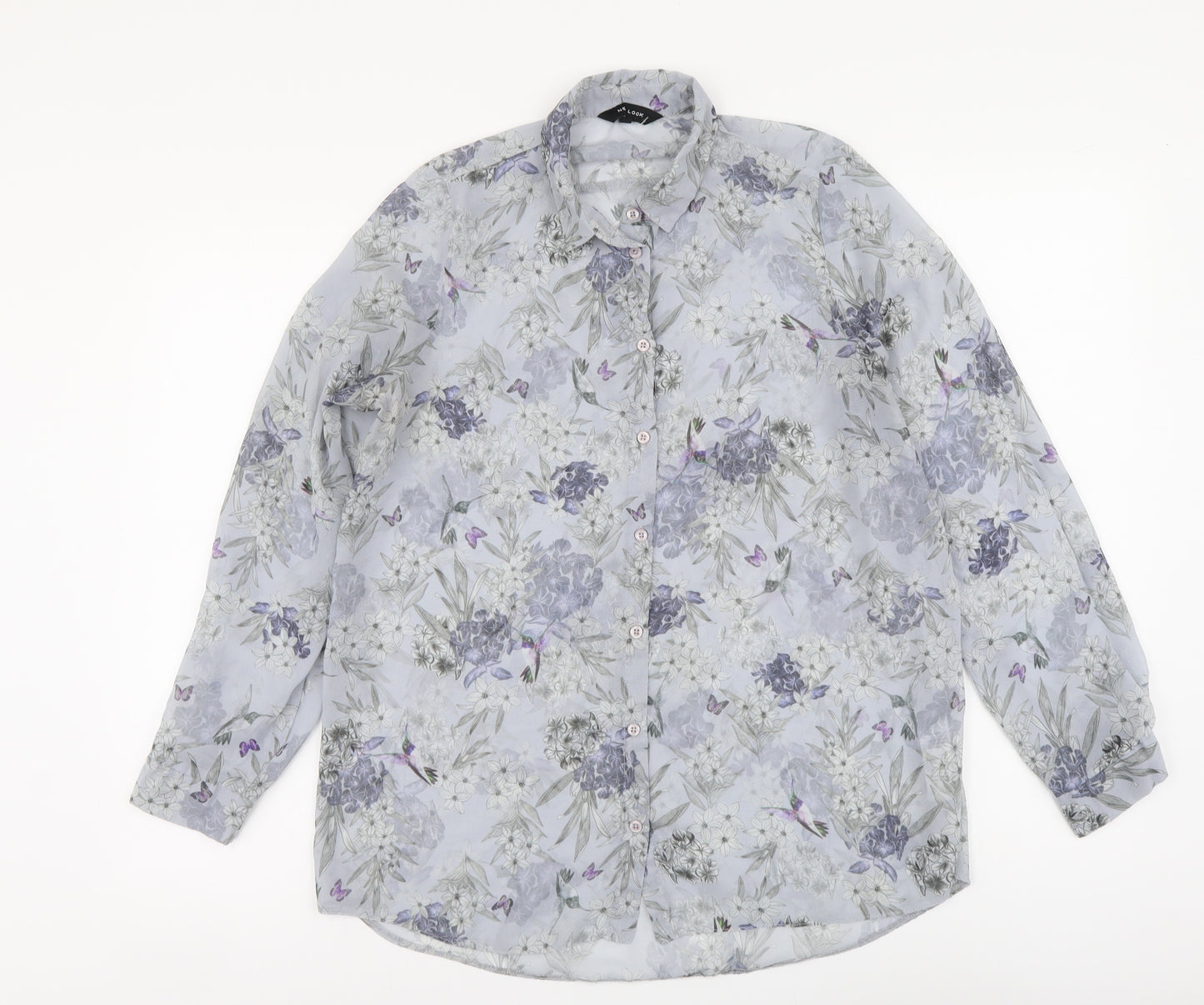 New Look Womens Black Floral Polyester Basic Button-Up Size 12 Collared