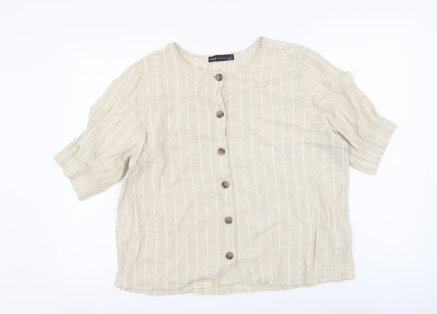 Marks and Spencer Womens Beige Striped Linen Basic Button-Up Size 14 Round Neck