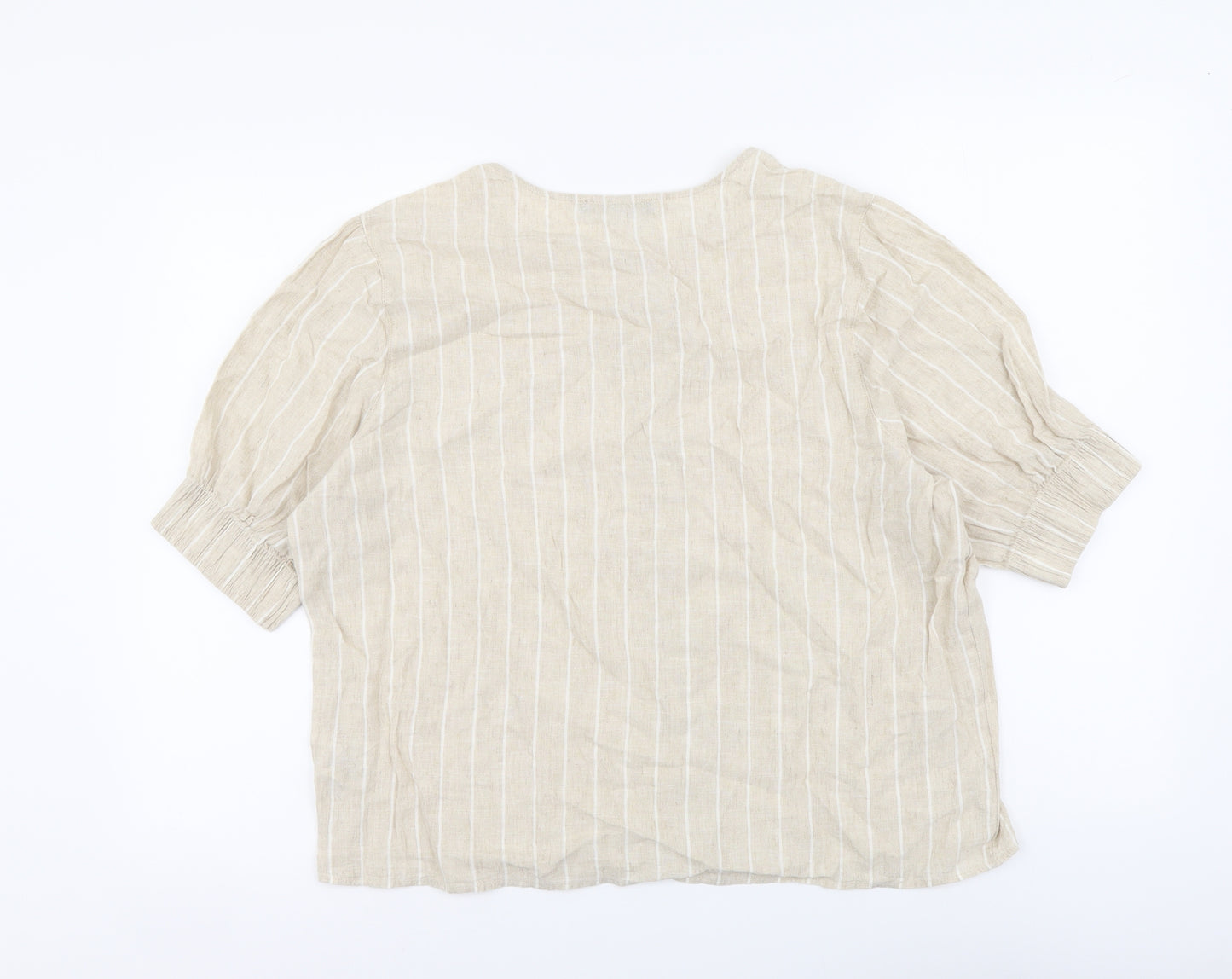 Marks and Spencer Womens Beige Striped Linen Basic Button-Up Size 14 Round Neck
