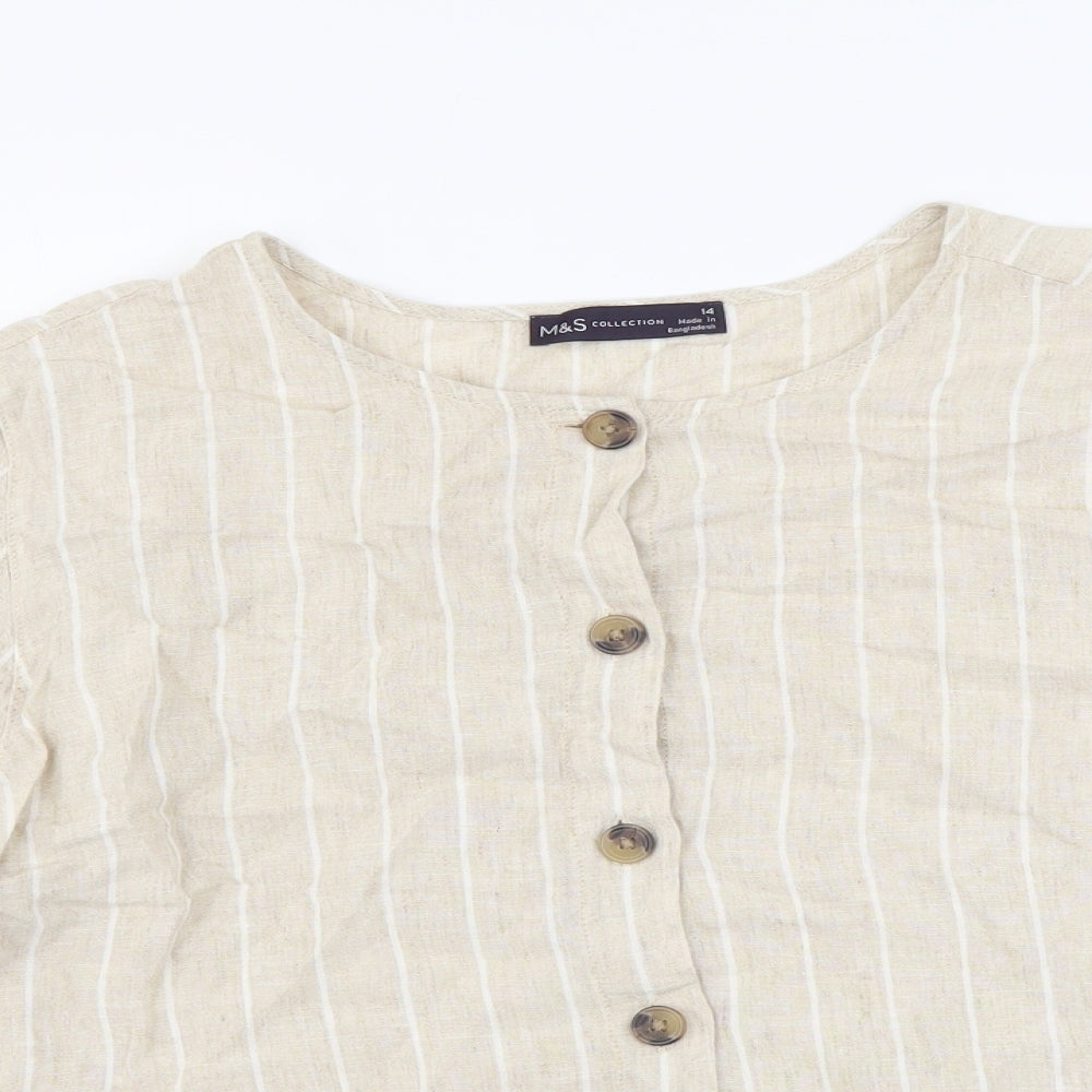 Marks and Spencer Womens Beige Striped Linen Basic Button-Up Size 14 Round Neck