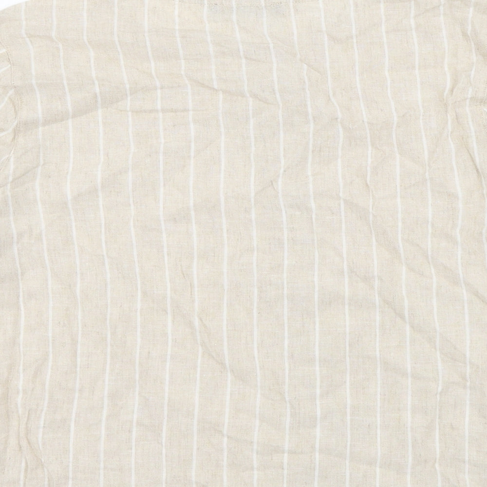 Marks and Spencer Womens Beige Striped Linen Basic Button-Up Size 14 Round Neck