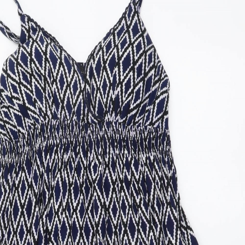 New Look Womens Blue Geometric Viscose A-Line Size 12 V-Neck Pullover - Beachwear