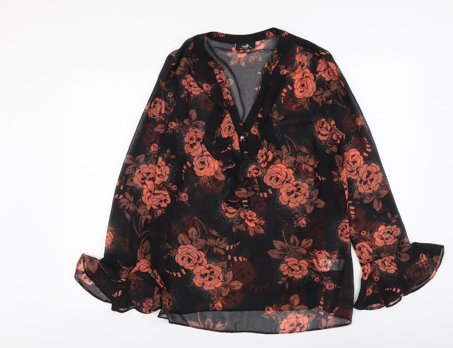 Wallis Womens Black Floral Polyester Basic Button-Up Size 12 V-Neck
