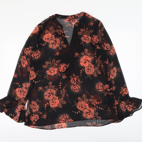 Wallis Womens Black Floral Polyester Basic Button-Up Size 12 V-Neck