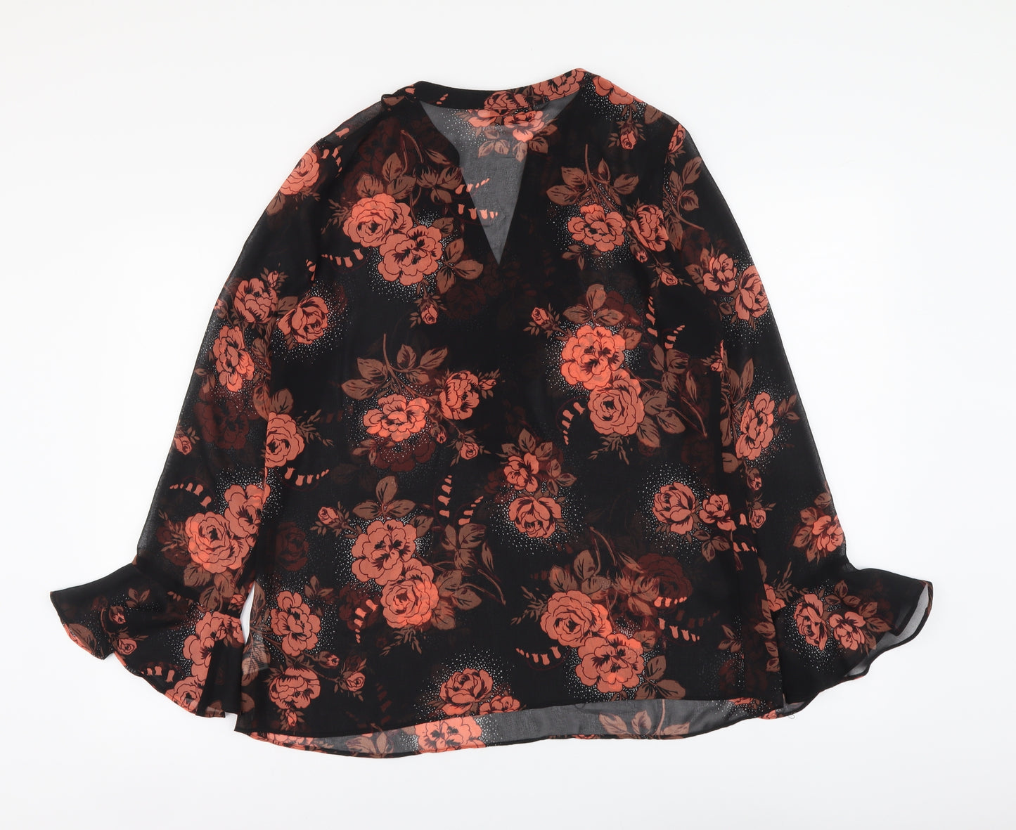 Wallis Womens Black Floral Polyester Basic Button-Up Size 12 V-Neck