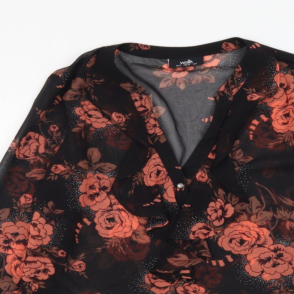 Wallis Womens Black Floral Polyester Basic Button-Up Size 12 V-Neck