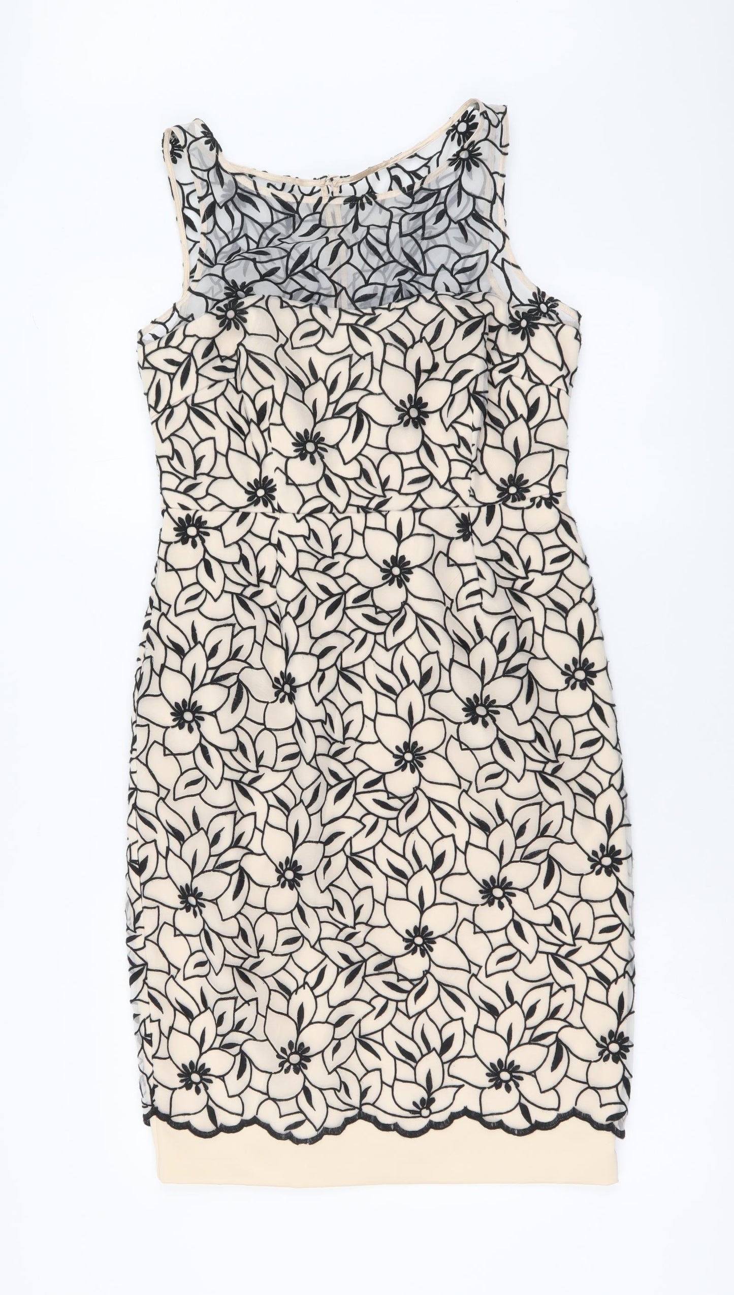 M&Co Womens Beige Floral Polyester A-Line Size 10 Round Neck Zip