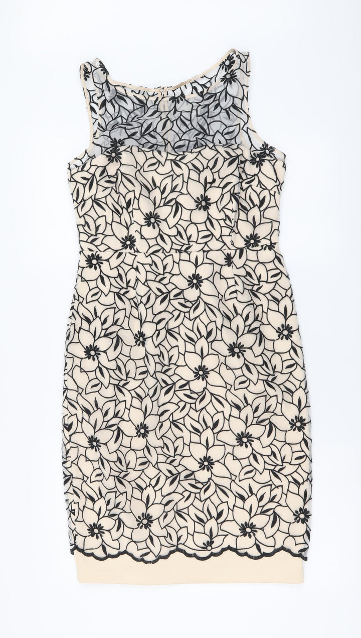 M&Co Womens Beige Floral Polyester A-Line Size 10 Round Neck Zip