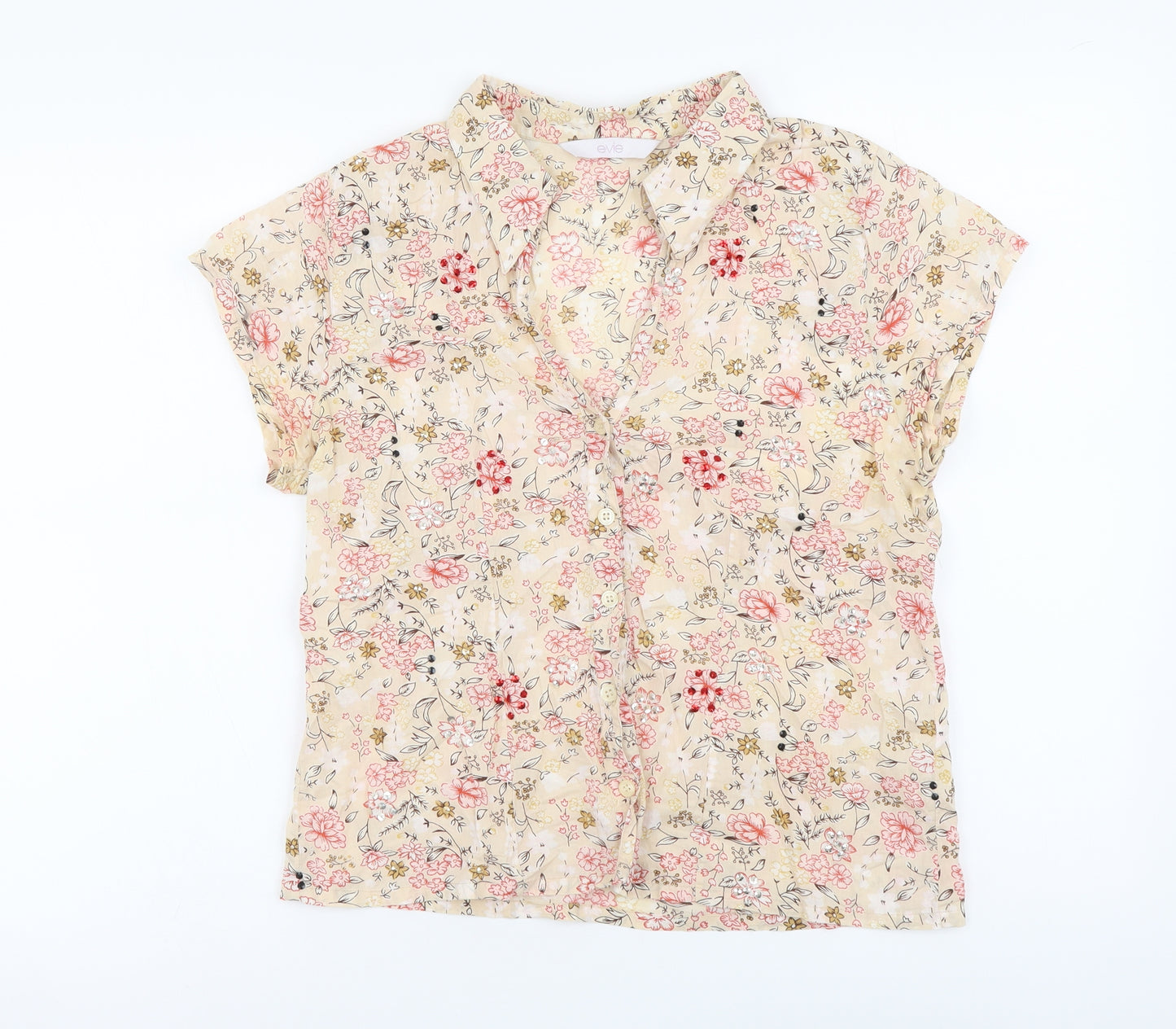 Evie Womens Beige Floral Cotton Basic Button-Up Size 12 V-Neck