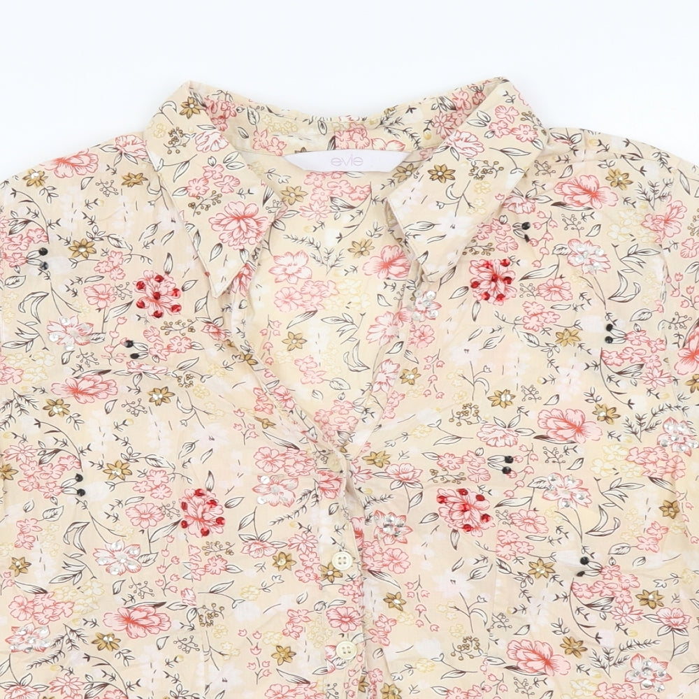 Evie Womens Beige Floral Cotton Basic Button-Up Size 12 V-Neck