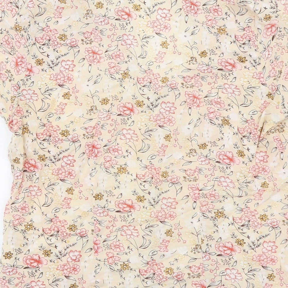 Evie Womens Beige Floral Cotton Basic Button-Up Size 12 V-Neck