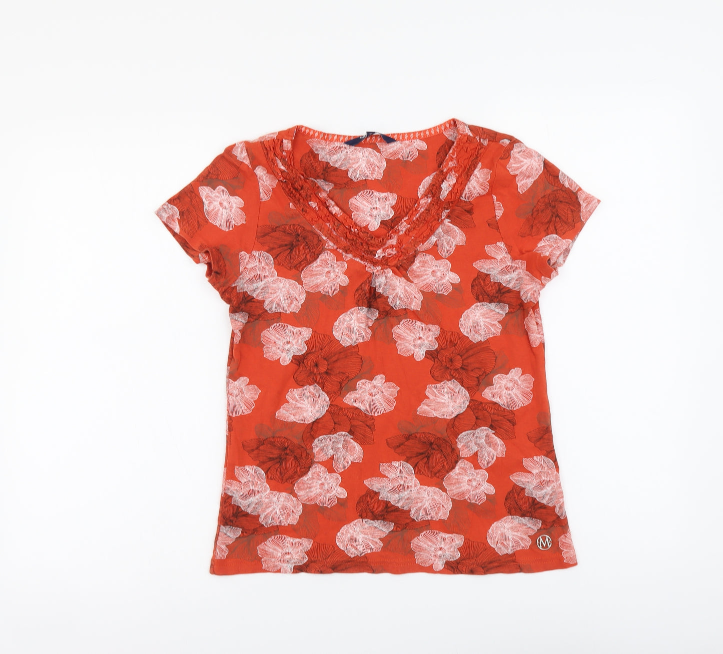 Maine Womens Orange Floral Cotton Basic T-Shirt Size 10 V-Neck