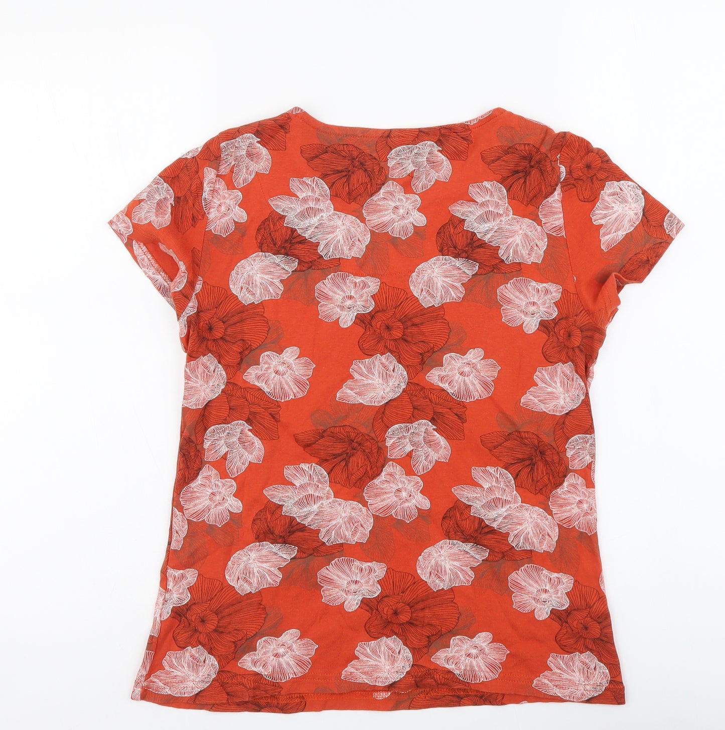 Maine Womens Orange Floral Cotton Basic T-Shirt Size 10 V-Neck