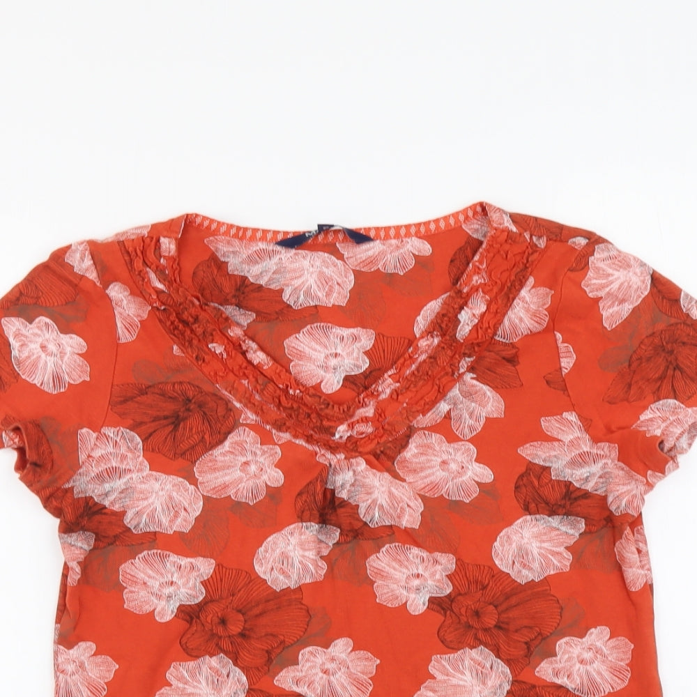 Maine Womens Orange Floral Cotton Basic T-Shirt Size 10 V-Neck