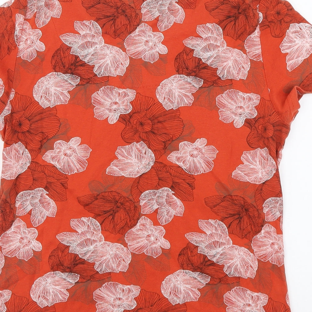 Maine Womens Orange Floral Cotton Basic T-Shirt Size 10 V-Neck