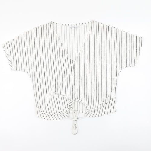 Zara Womens White Striped Polyester Basic Blouse Size M V-Neck