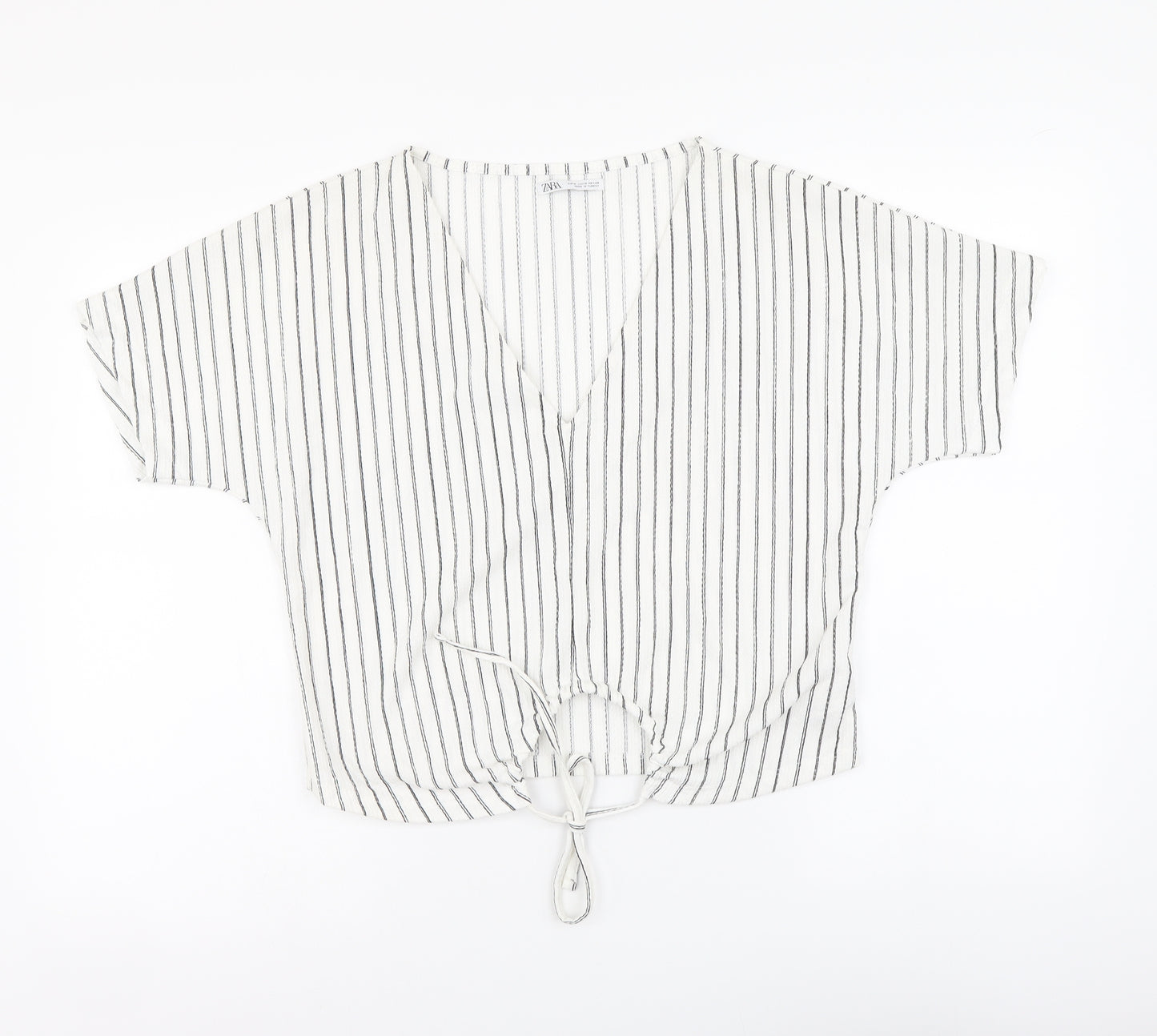 Zara Womens White Striped Polyester Basic Blouse Size M V-Neck