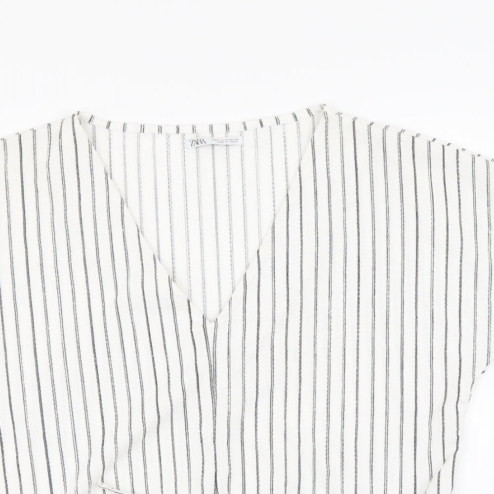 Zara Womens White Striped Polyester Basic Blouse Size M V-Neck