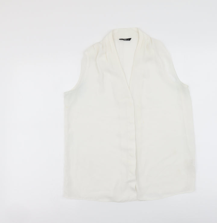 M&Co Womens White Polyester Basic Button-Up Size 10 V-Neck