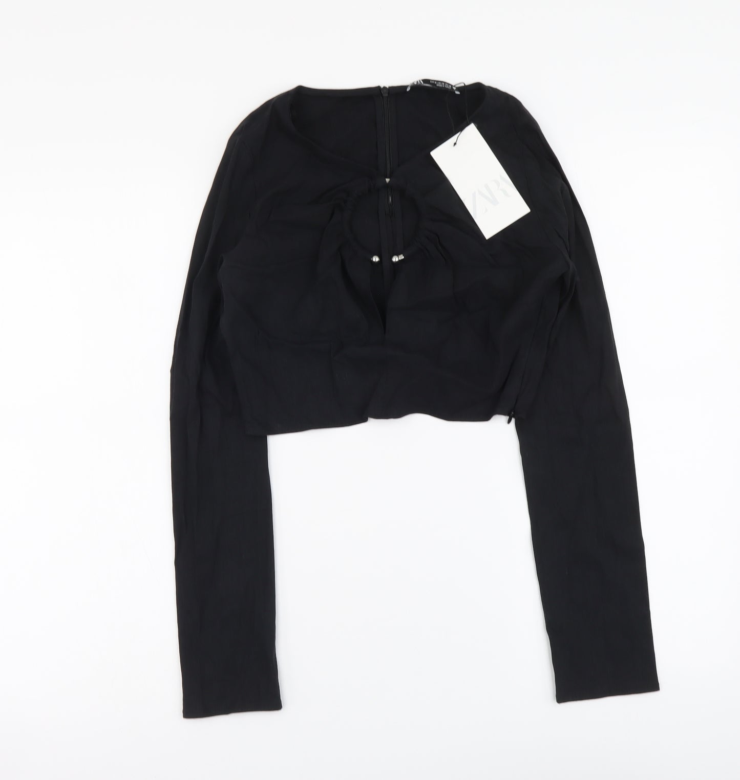 Zara Womens Black Linen Cropped Blouse Size M V-Neck