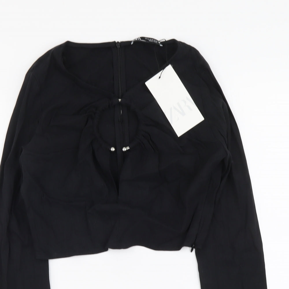 Zara Womens Black Linen Cropped Blouse Size M V-Neck