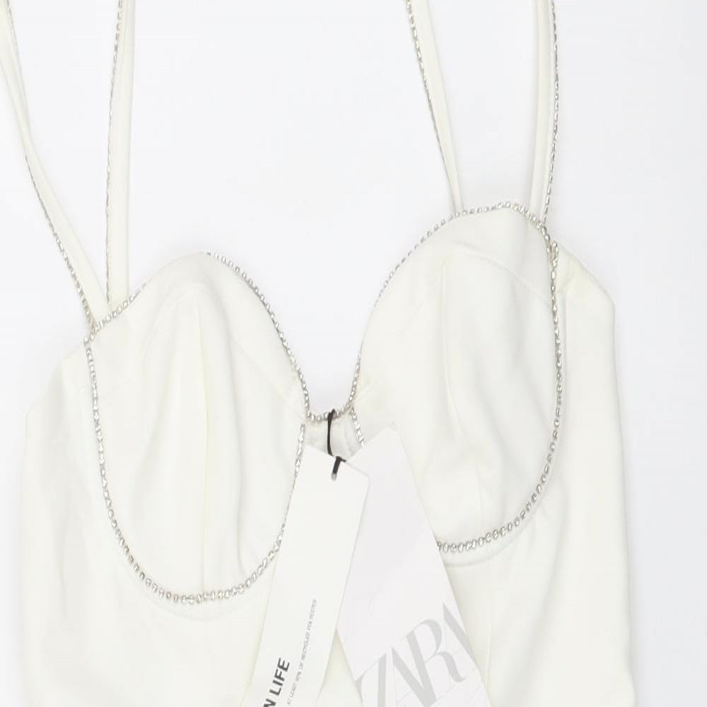 Zara Womens White Polyester Bodysuit One-Piece Size XS Snap