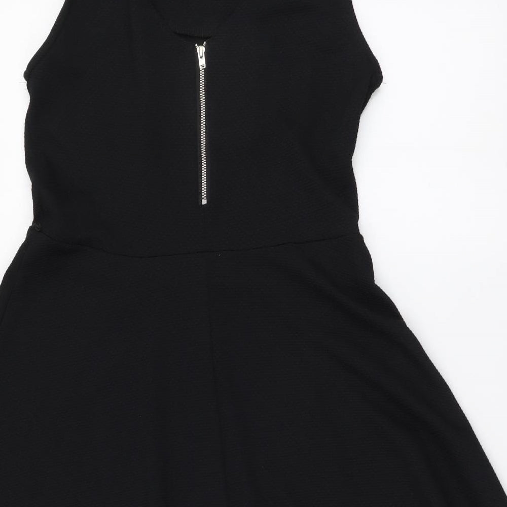 Warehouse Womens Black Polyester Skater Dress Size 14 Round Neck Zip