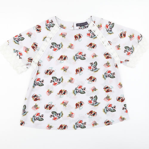 Marks and Spencer Womens Blue Floral Polyester Basic T-Shirt Size 8 Round Neck