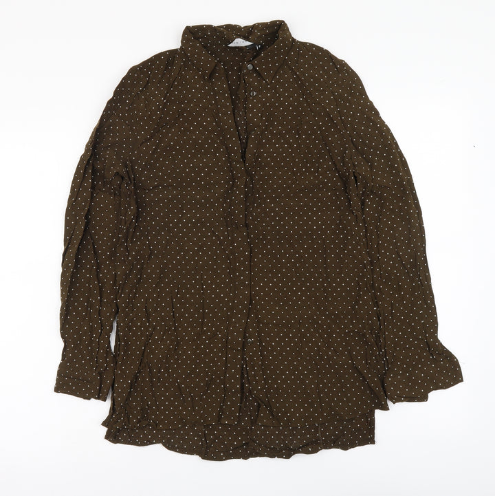 New Look Womens Brown Polka Dot Polyester Basic Button-Up Size 10 Collared