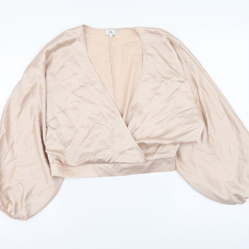 River Island Womens Beige Polyester Cropped Blouse Size 10 V-Neck