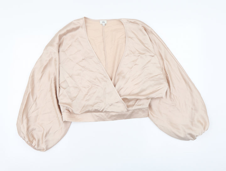 River Island Womens Beige Polyester Cropped Blouse Size 10 V-Neck