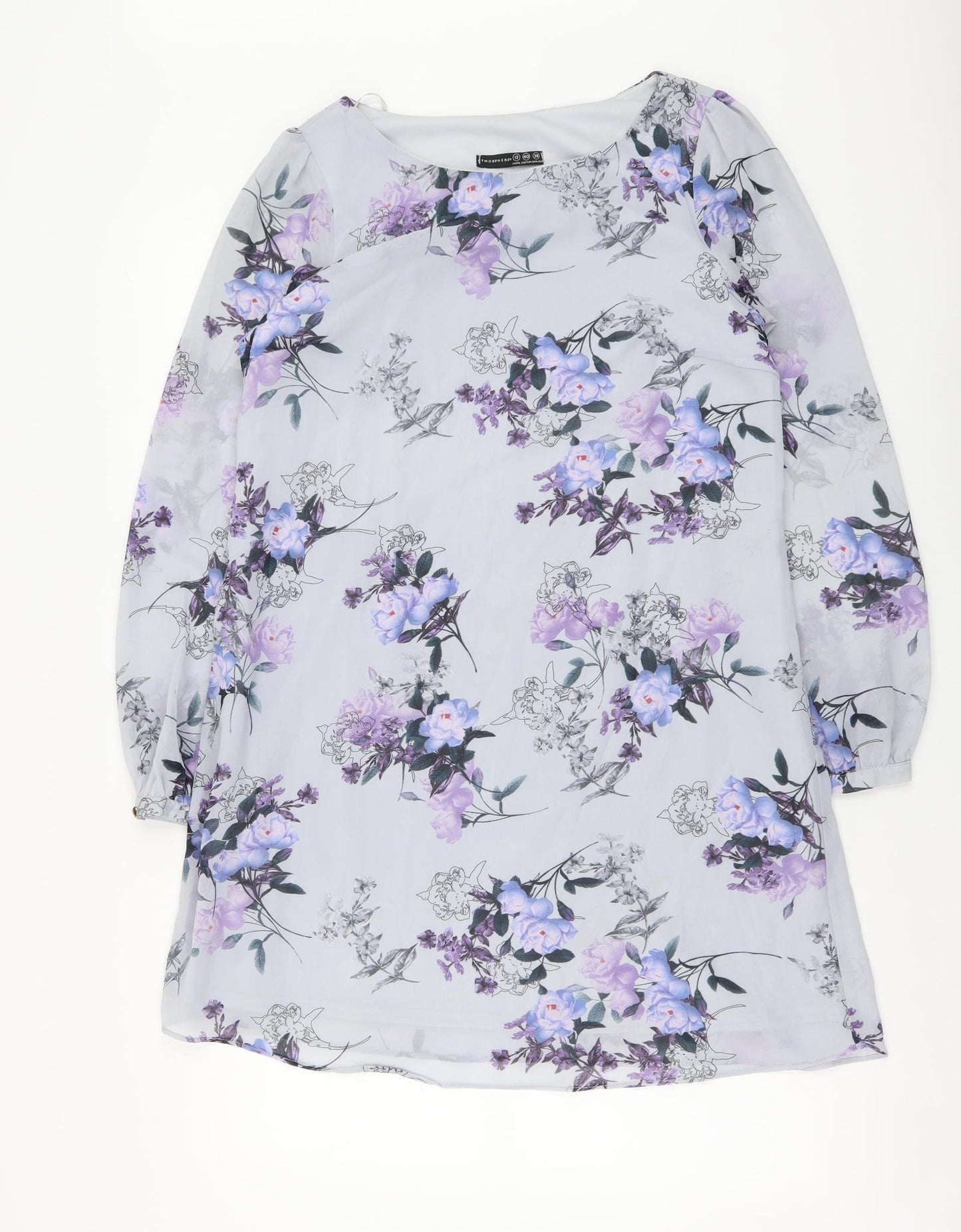 Atmosphere Womens Blue Floral Polyester A-Line Size 12 Round Neck Pullover