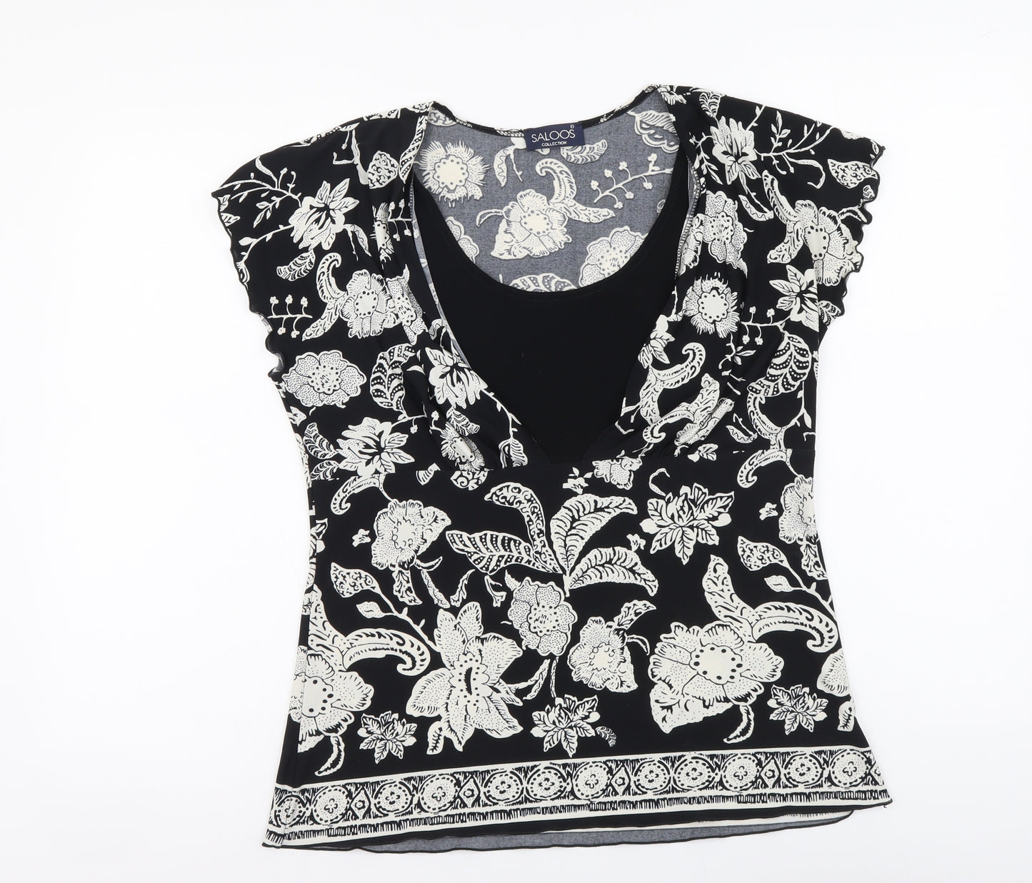 Saloos Womens Black Floral Polyester Basic T-Shirt Size L Round Neck