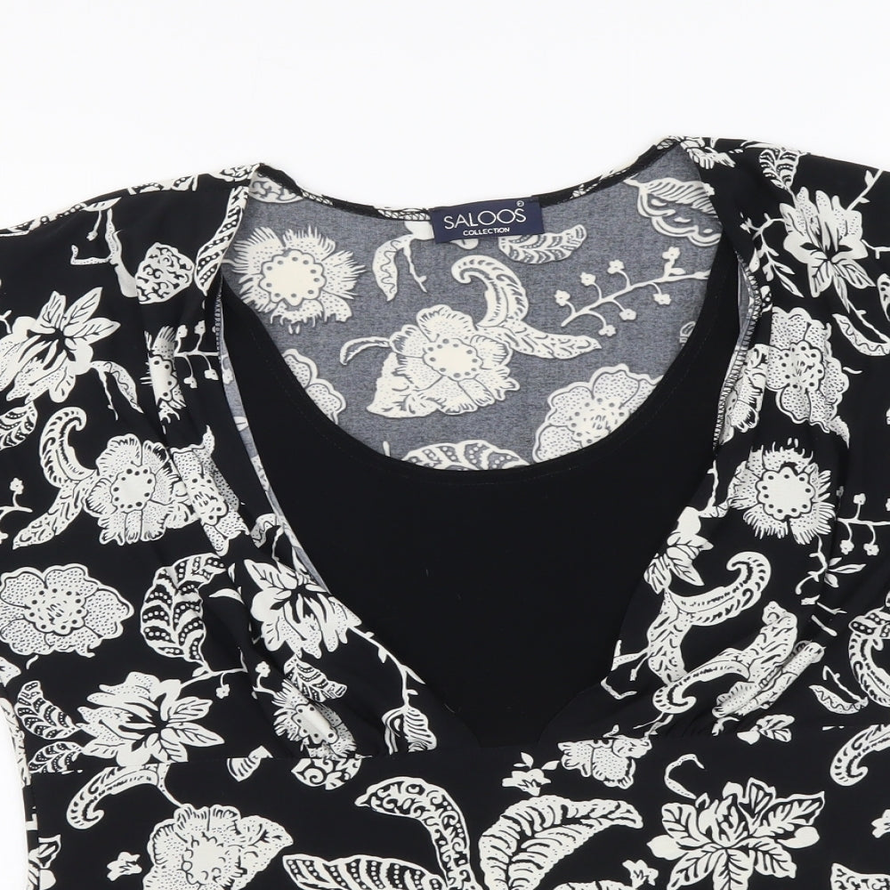 Saloos Womens Black Floral Polyester Basic T-Shirt Size L Round Neck