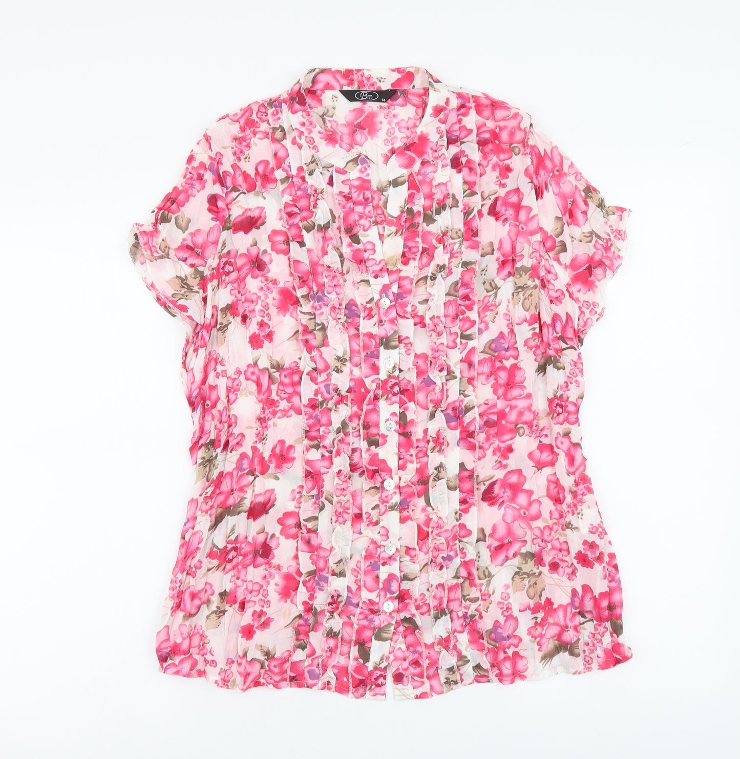 Bonmarché Womens Pink Floral Polyester Basic Button-Up Size 14 V-Neck