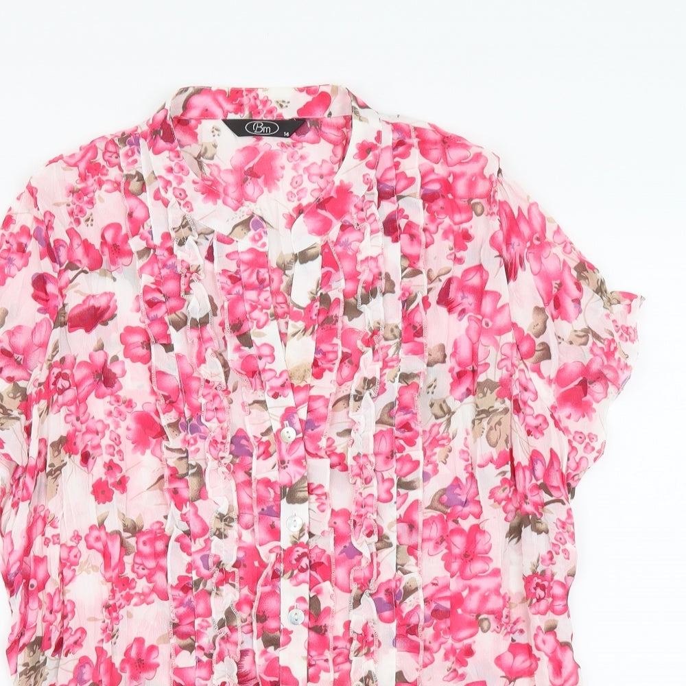 Bonmarché Womens Pink Floral Polyester Basic Button-Up Size 14 V-Neck