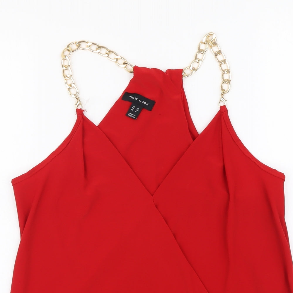 New Look Womens Red Polyester Basic Blouse Size 10 V-Neck