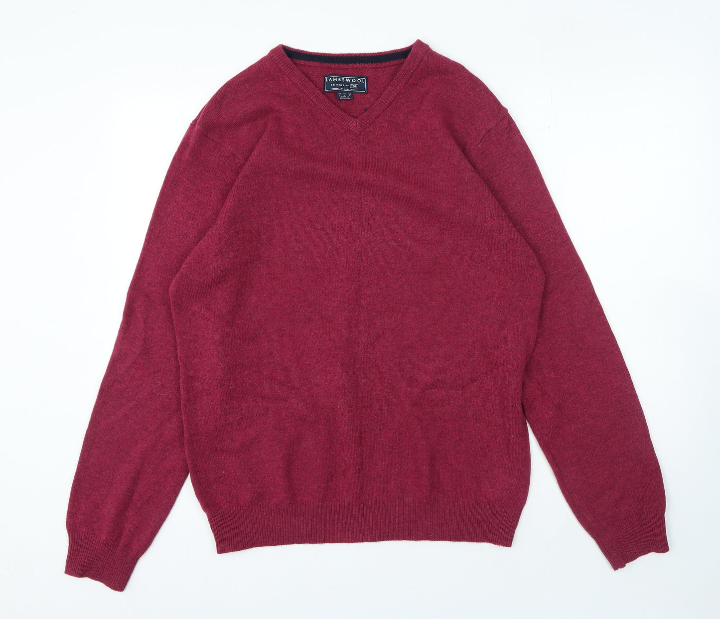 F&F Mens Pink V-Neck Wool Pullover Jumper Size L