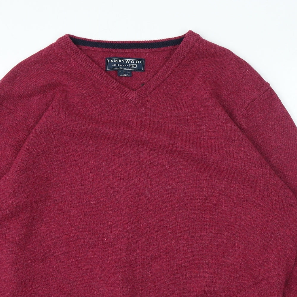 F&F Mens Pink V-Neck Wool Pullover Jumper Size L