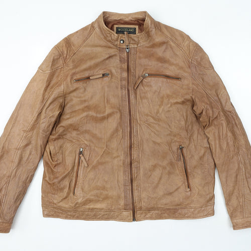Woodland Leather Mens Brown Biker Jacket Size 3XL Zip